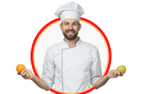 smiling-young-male-chef-holding-ripe-orange-green-apple-his-hand